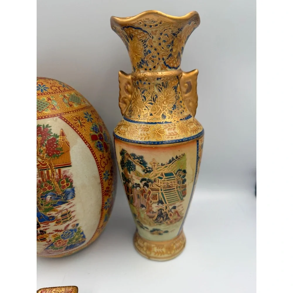 Vintage Satsuma Style Porcelain Set Geisha Vases Decorative Egg Ashtray 4pc